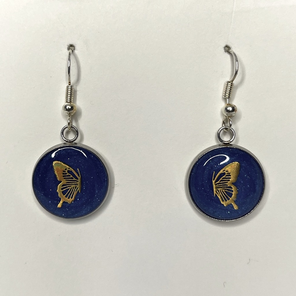 Handmade Blue and Gold Resin Butterfly Earrings